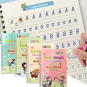 Sanghariyat Magic Practice Copy Book for Pre-School Kids, Re-Usable Drawing, Alphabet, Numbers and Math Exercise Notebook, English Magic Book for Children (4 x Books,5 x Refill,1 x Pen,1 x Grip)