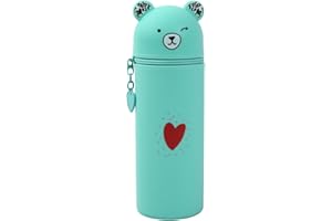 AZONELIFE Trousse Silicone Verticale Kawaii, Porte-Stylo de Table Ours, Crayons Scolaire Cartoon, Sac de Papeterie de Bureau pour Étudiant, Cadeaux Rentrée (Vert)