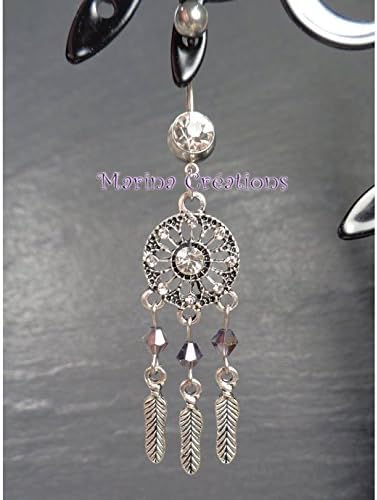 Stainless steel 316L Belly button piercing Dreamcatcher, grey swarovski cristal, bar length 12mm, indian style