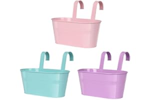 VENSOVO Railing planter box - 3 Pack Metal Hanging Flower Pots with Detachable Hooks & Drainage Holes, Window Oval Bucket Fence Hanging Planters for Outdoor Plants Garden Balcony Home Decor, Purple Pink Blue