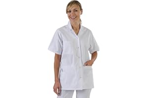 Hurry Jump Label Blouse Tunique médicale Femme Manches Courtes col Tailleur 3 Poches Sergé 210 gramme Couleurs Blanc Pressions inoxydables Lavage Machine 90 degrés ou Industriel T3-44/46