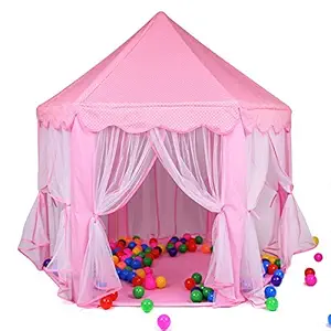 Karp Outdoor & Indoor Hexagon Castle Theme Play Tent with Mosquito Net Design for Playhouse for Kids, 135x140cm (Pink)