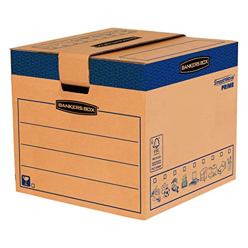 BANKERS BOX SmoothMove Heavy Duty Double Wall Cardboard Moving and Storage Boxes with Handles Tape Free Assembly and FastFold Automatic Pop Up Set Up, 85 Litre, 40.5 x 45.5 x 45.5 cm, 5 Pack