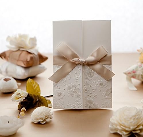 Wishmade 100X Elegant Vintage Embossed Tri-fold Wedding Invitations Cards Kit With Ribbon Bowknot Engagement Party Birthday Cards with Envelope and Seal W1113