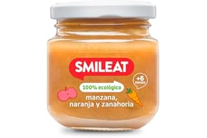 Smileat - Tarrito de Frutas Ecológicas con Manzana, Naranja y Zanahoria para peques +6 Meses - Sin Azúcar Añadido, Sin Sal, Sin Leche, Sin Huevos - 130g