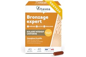 Vitavea - Bronzage Expert - Complément Alimentaire Accélérateur de Bronzage, Après Soleil - Sans Autobronzant - Zinc, Vitamine E, Bêta Carotène - 40 gélules - Cure de 40 Jours - Fabriqué en France