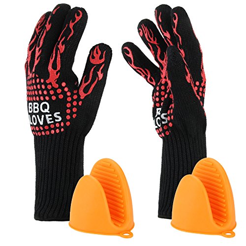 Grillhandschuhe Vikeepro Ofenhandschuhe( 2er Set )bis zu 500°C hitzebeständig Lange Unterarmschutz Backhandschuhe Topfhandschuhe mit Kostenlosen Silikon Topfhalter