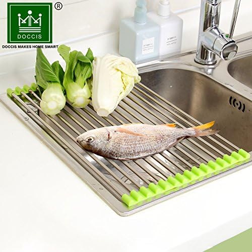 DOCCIS Stainless Steel Over The Sink Dish Drying Rack Roll-Up Heat Insulation Mat (Green,9.4" x 15.7")