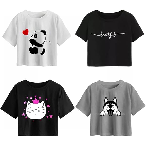 100LUCK Girls Half Sleeve Printed Cotton Regular Fit Crop