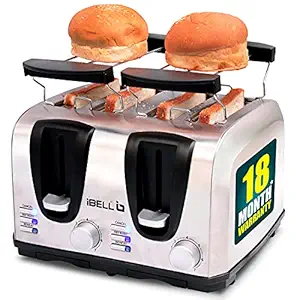 IBELL 130G 2-in-1 Bread Toaster, 4 Slices, with Detachable Bun Warmer Grill, Dual Controls, Auto Pop Up, Defrost, Reheat and Crumb Tray (Silver, 1300 watts)