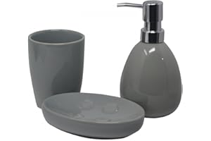 HOGAR Y MAS Juego/Set de Baño 3 Piezas en Cerámica, Color Gris. Diseño Moderno y Elegante. Vaso, Dispensador y Bandeja de baño -Hogarymas