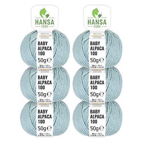 HANSA-FARM 100% Lana de Alpaca en más de 50 Colores (no Pica) - Set de 300g (6X 50g) - Suave Hilo Baby de Alpaca para Punto y Ganchillo en 6 grosores Azul Hielo