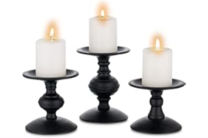Sziqiqi Juego de 3 Vintage Portavelas de Columna Velas para Candelabros de Metal Envejecido Retro Negro Mate Candelabros Centro de Mesa Ornamentos Mesa de Centro Comedor Manto Chimenea