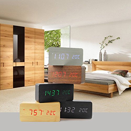 Holz Digital LED Wecker Uhr Soundsteuerung Temperatur Anzeige – Braun Rot, 30mm - 6