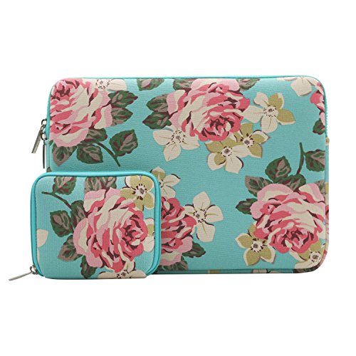 MOSISO Canvas Gewebe Rosenmuster Hülle Laptop Sleeve Tasche Beutel für 13-13.5 Zoll MacBook Pro, MacBook Air, Surface Book, Notebook Computer mit einem kleinen Fall, Heiß Blau