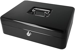 Westcott Geldkassette abschließbar (groß, 30 cm) Schwarz | Abschließbare Box aus Stahlblech mit 2 Schlüsseln | Herausnehmbare Einlage für Münzen mit 5 Fächern | E-51002 BLACK