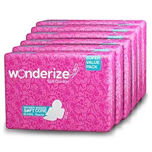 Wonderize Soft Comfort Cotton Sanitary Napkins For Women, 120 Pads (Combo of 6), Size - Regular, Super Saver Pack, Naturally Soft Cotton Topsheet for Extra Comfort and Rash Free Periods