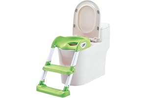 ARASO-UK LTD Potty Training Toilet Seat Trainer Kids Toilet Training Seat with Step Stool Fordable Portable Potty Chair with Adjustable Height Ladder Guard Handle Soft Cushion (Green)