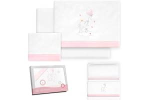 Interbaby - Juego Sabanas Minicuna 50x80 Algodón 100% | Sabana Cuna Bebe Franela, Cálida | Incluye Sabana Bajera, Encimera y Funda de Almohada | Ideal Invierno | Elefante Globo Corazón Blanco/Rosa