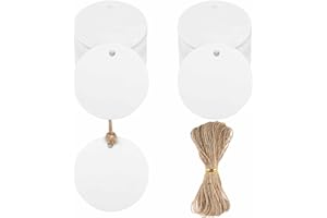 HOPTON Geschenkanhänger Kraftpapier Etiketten, 200 Stück Kraftpapier Anhänger Papier, Runde 5cm Geschenkanhänger zum Beschriften mit Schnur 20M, Hängeetiketten für Geschenkverpackung,Hochzeit,Handmade (Weiß)