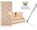 Produktbild Vandot 3in1 Zubehör Set Bling Dünne Leder Handyhülle Eternity Diamant Luxus Matt Schutzhülle Für Smartphone iPhone 4 4G 4S Wallet PU Leder Karte Cover Ledertasche Elegant Shining Glanz Magnetverschluss Magnetic Book Stand Protektiv Flip Wasserdicht Case Folio Slot Tasche Hülle Schutz Etui Schale Strap mit Ständer Halter - Gold+ Luxus Gold Crown Krone Glitzer Anti Staub Schutz Headset 3.5 mm Glitter Stöpsel Anti Dust Plug Stecker + Silber Metall Touch Pen Stift Stylus