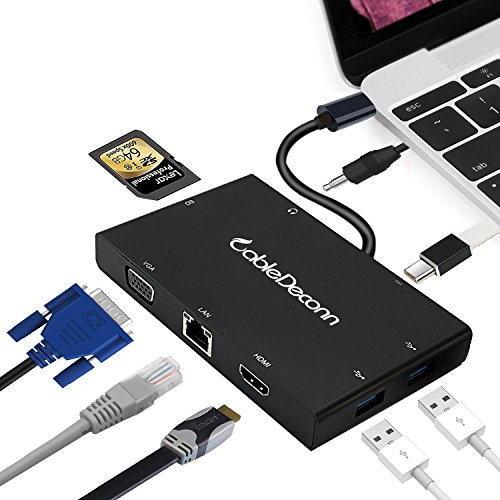 USB-C AV Digital adaptador multipuerto, CableDeconn USB-C a HDMI o VGA Pantalla salida lector de tarjetas 2 puertos USB 3.0 y Gigabit Ethernet RJ45 adaptador