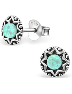 EYS JEWELRY® Damen-Ohrringe Kreis rund 6 x 6 mm Opal 925 Sterling Silber oxidiert grün-blau türkis im Schmuck-Etui...