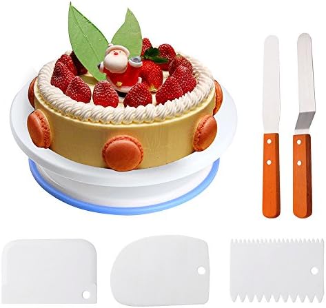 Cake Decorating Turntable, Rotating Cake Stand, Cake Plate with 2 Sided &amp; Angled Knife Set &amp; 3 Pcs Icing Smoother Perfect for Cake Decorating, Baking, Pastries and Icing Patterns by Pingenaneer (White)