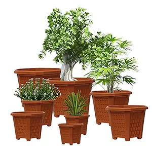 EQUALITY OVERSEAS Gardening Flower Pots Hexagonal Garden Plastic Planters in Terracotta Color Plant Container Combo (9