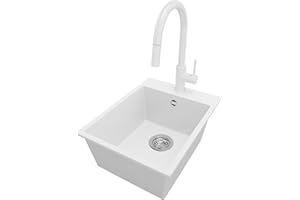 PRIMAGRAN Fregadero Granito Blanco 38x50cm, Cocina 1 Seno + Grifo 40x20cm + Sifón, Sobre encimera al mueble 40cm - Riga S015