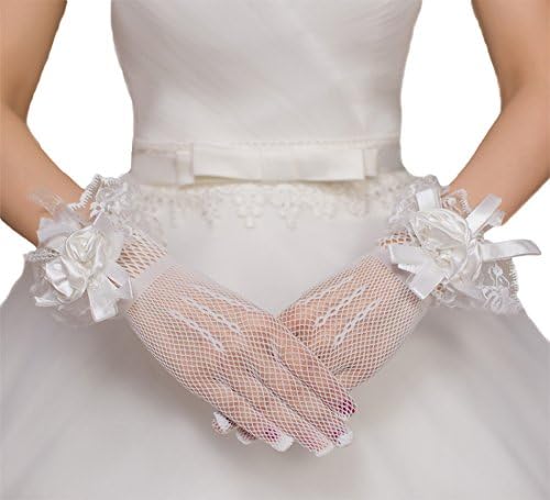 Chuanyi Women Short Wrist Length Bride Finger Floral Lace Gloves for Wedding (One Size, Ivory)