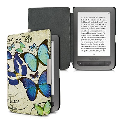 kwmobile Hülle für Pocketbook Touch Lux 3 / Touch Lux 2 – Flipcover Case eReader Schutzhülle – Bookstyle Klapphülle Schmetterlinge Vintage Design Blau Mintgrün Beige - 5