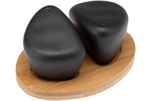 Galicja OSBORN Salero y pimentero, salero de cerámica, pimentero y salero, juego con soporte de bambú, salero y pimentero de cerámica negro, 8,1 x 11,1 x 5,5