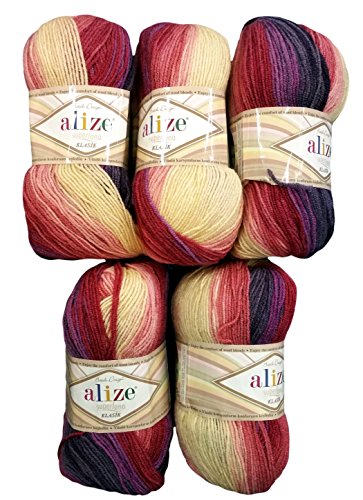 5 x 100 Gramm Alize superlana Wolle bordeaux rosa lila grau cremeweiß mit Farbverlauf, Nr. 4264, 500 Gramm Strickwolle 75% Acryl 25% Wolle