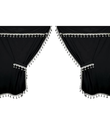2 Rideaux Noirs Camion Scania, MAN, DAF - 480cm Total Avec Pompons (Cabine Nuit)