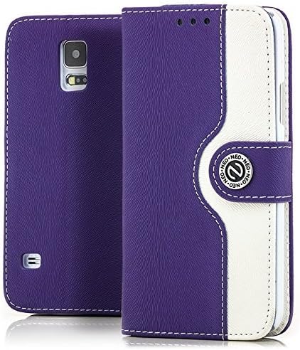 Saxonia Samsung Galaxy S5 / S5 Neo Case Protector Flip Cover Phone Wallet [Card Holder Slots] Stand Function, Two-Colour Purple-White