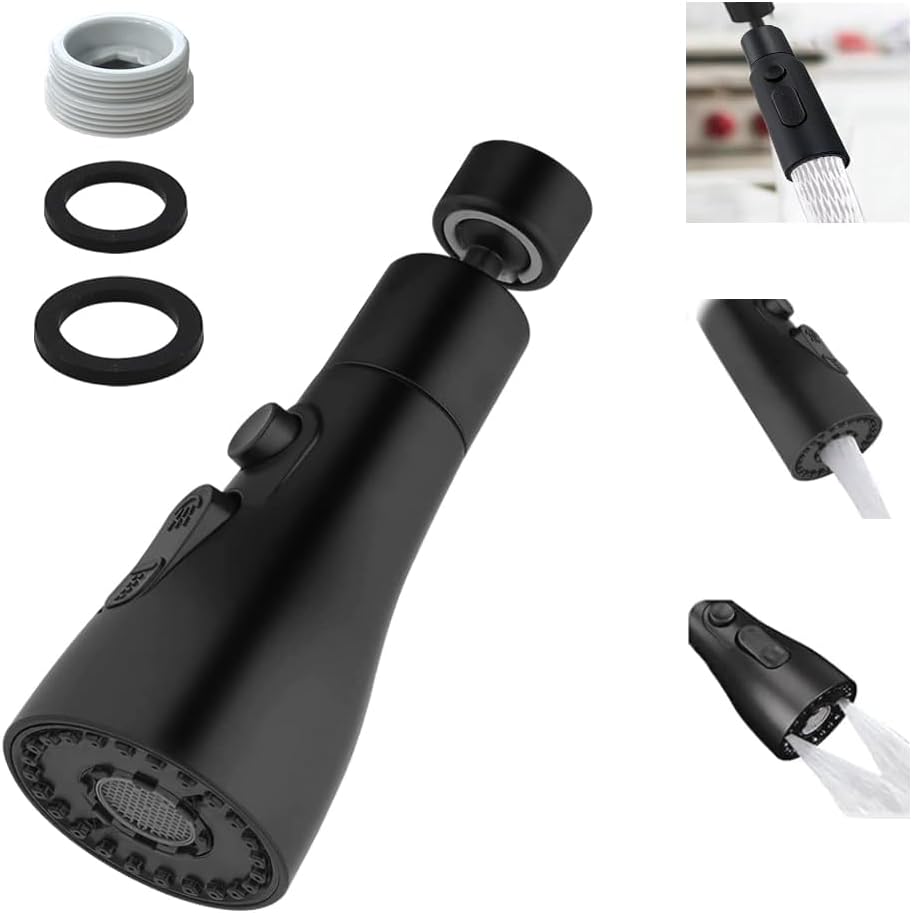 KINETEX Musluk, yedek duş başlığı, 360° döndürülebilir, 3 mod, döndürülebilir musluk, başlık, mutfak armatürü, adaptörlü, FM22 mutfak armatürü, püskürtme başlığı (siyah)