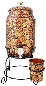 R Ayurveda Copper 5 Liter Copper Water Dispenser Printed Matka Tank Pot with 1 Glass and Stand - 5000 ml
