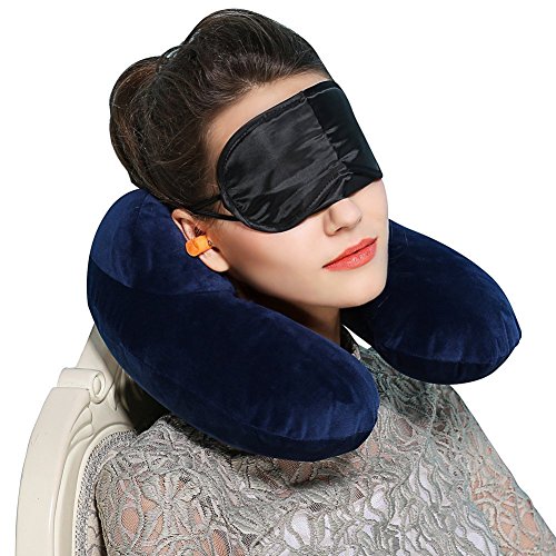 Aufblasbares Nackenkissen, MLVOC U-förmiges Weichem Breathable Reisekissen& Nackenhörnchen für bequemen Schlaf im Flugzeug Auto oder Zug mit Ohrstöpsel und Tragetasche, Abnehmbar und waschbar, Blau - 7