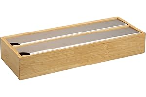 ‎MOON KITCHEN HOME Moon Home Folienspender mit 2 Fächern für Alufolie & Frischhaltefolie, aus FSC® Bambus/Holz, Edelstahl-Schneideklinge, Folienschneider Küche, Folienspender Schublade, 35 x 13 x 5.5 cm