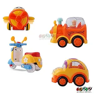 Gooyo Set of 4 Unbreakable Friction Powered Automobile Toy Car| Friction Powered Toy Helicopter Plane| Friction Powered Toy Train| Friction Powered Toy Scooter Toys for Kids