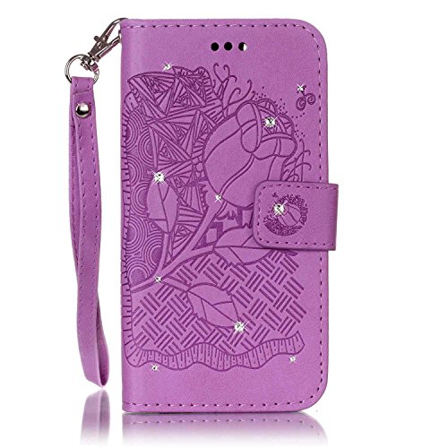 SKYXD für Samsung Galaxy A5 2016 A510F Hülle Leder Rose Blumen Drucken Muster,Brieftasche Klappbar Glitzer Strass PU Folio Schutzhülle [Kartenfach / Magnet / Standfunktion / Trageschlaufe] Inner Silikon Klapphülle mit [Handyanhänger + Eingabestift] 3 in 1 Zubehör Handy Tasche Etui for Samsung Galaxy A5 2016 A510F Bookstyle Flip Case Leather Cover With [Stylus and Dust Plug]- Violett - 2