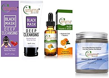Smyrna Dead Sea Mud Mask For Face and Body 100% NATURAL, ORGANIC Deep Skin Cleanser, Pore Reducer. Premium SPA Quality.With 20% VITAMIN C ANTI-AGING HYALURONIC ACID SERUM and Black Head Remover Mask