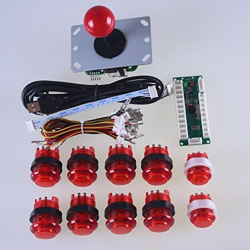 Reyann Zero Delay LED Arcade Game DIY Parts USB Pc to Joystick Interface + 1 X Red 5pin 8 Way Joystick + 10 X Ring-fixing Red LED Illuminated Push Button for Mama Jamma &amp; Arcade Fighting Games