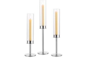 Sziqiqi Świecznik srebrny metalowy na wesele – 48/42/36 cm, dekoracyjny świecznik z lampionem, szklany świecznik do świec prętowych do salonu, nowoczesny