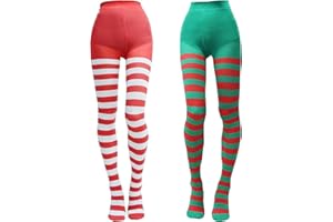 ESINO 2 Pairs Elf Tights - Women's Red & White Striped, Green & Red Christmas, Candy Cane Tights for Xmas Cosplay