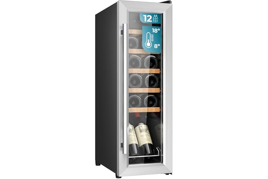 Cecotec GrandSommelier 1250 CoolWood Compressor Bolero Wine Cellar, 12 Bottles, Capacity, 8-18°C, LED, Class E, Wooden Shelves 25.5 x 45.5 x 79.5 cm