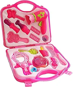 TOYS MAFIA Makeup Kit Toy for Girls, Set of 16 items Pretend & Play Beauty Salon Makeup kit and Cosmetic Toy Set with hairdryer/Mirror & Hair Styling Accessories with Beauty Suitcase Little Girls