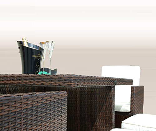 Gartenmöbel PolyRattan Essgruppe Tisch mit 4 x Stuhl & 4 Hocker DEUTSCHE MARKE -- EIGNENE PRODUKTION Garten Möbel incl. Glas und Sitzkissen Ragnarök Möbeldesign braun Rattan