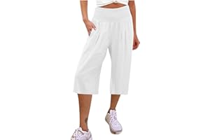 KUIH 3/4 Shorts for Women UK Summer Comfy Cotton Linen Shorts Wide Leg High Waist Straight Shorts with Pockets Hiking Outgoing Shorts Trousers Breathe Beach Shorts UK Size 8-18